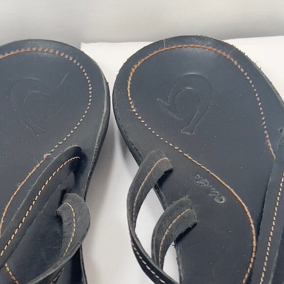 Olukai Black Leather Strappy Thong Sandals Women's 10 Beachy Summer Party - Picture 4 of 14